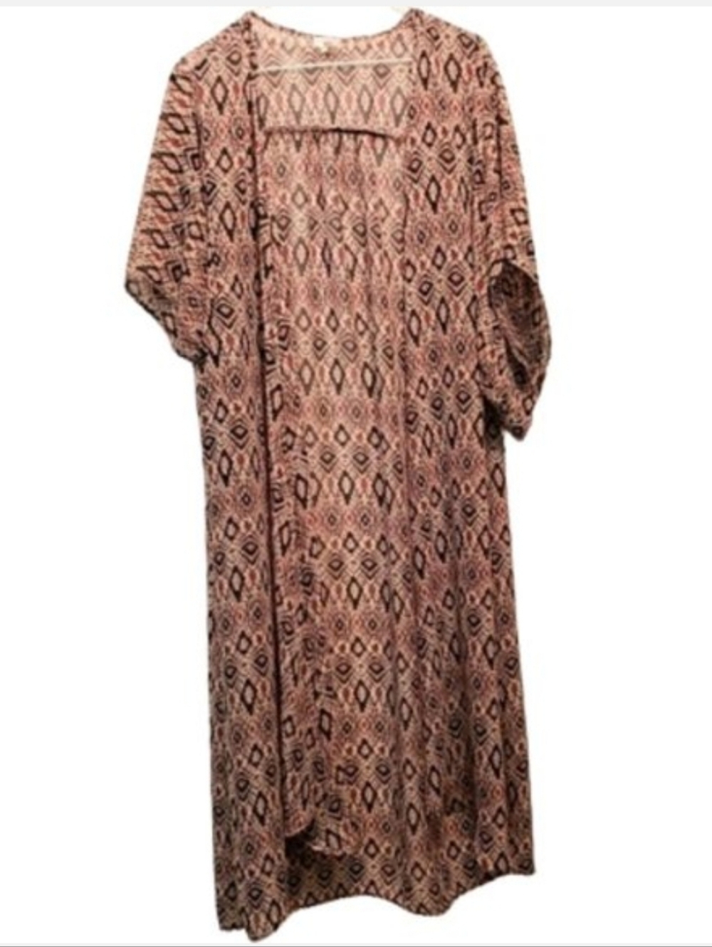 Long Cover Up Orange Batik Patterned Sheer Short Sleeve Kimono